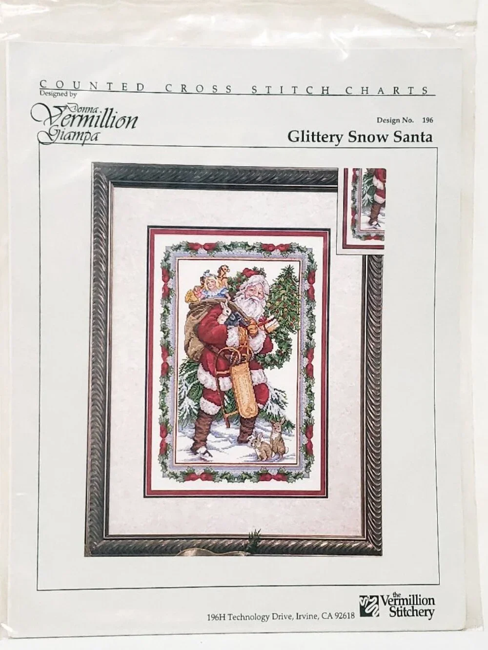 Glittery Snow Santa Christmas Cross Stitch Pattern Vermillion Stitchery 1996
